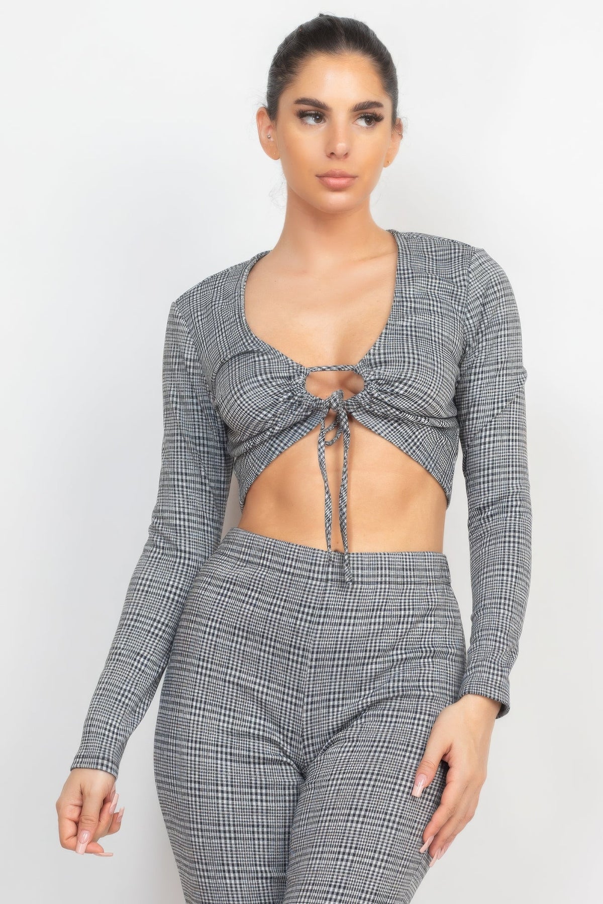 Plaid Cut-out Long Sleeve Top &amp; Pants Set