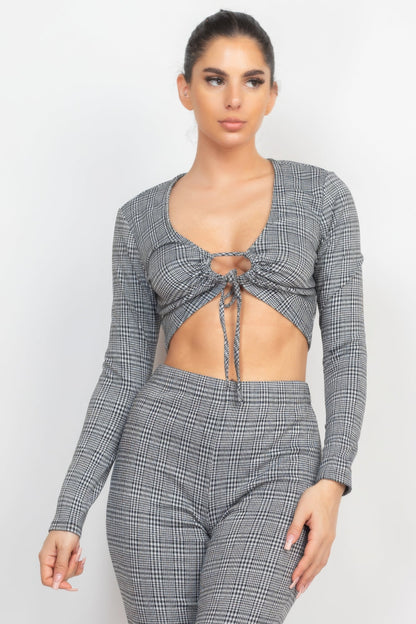Plaid Cut-out Long Sleeve Top &amp; Pants Set