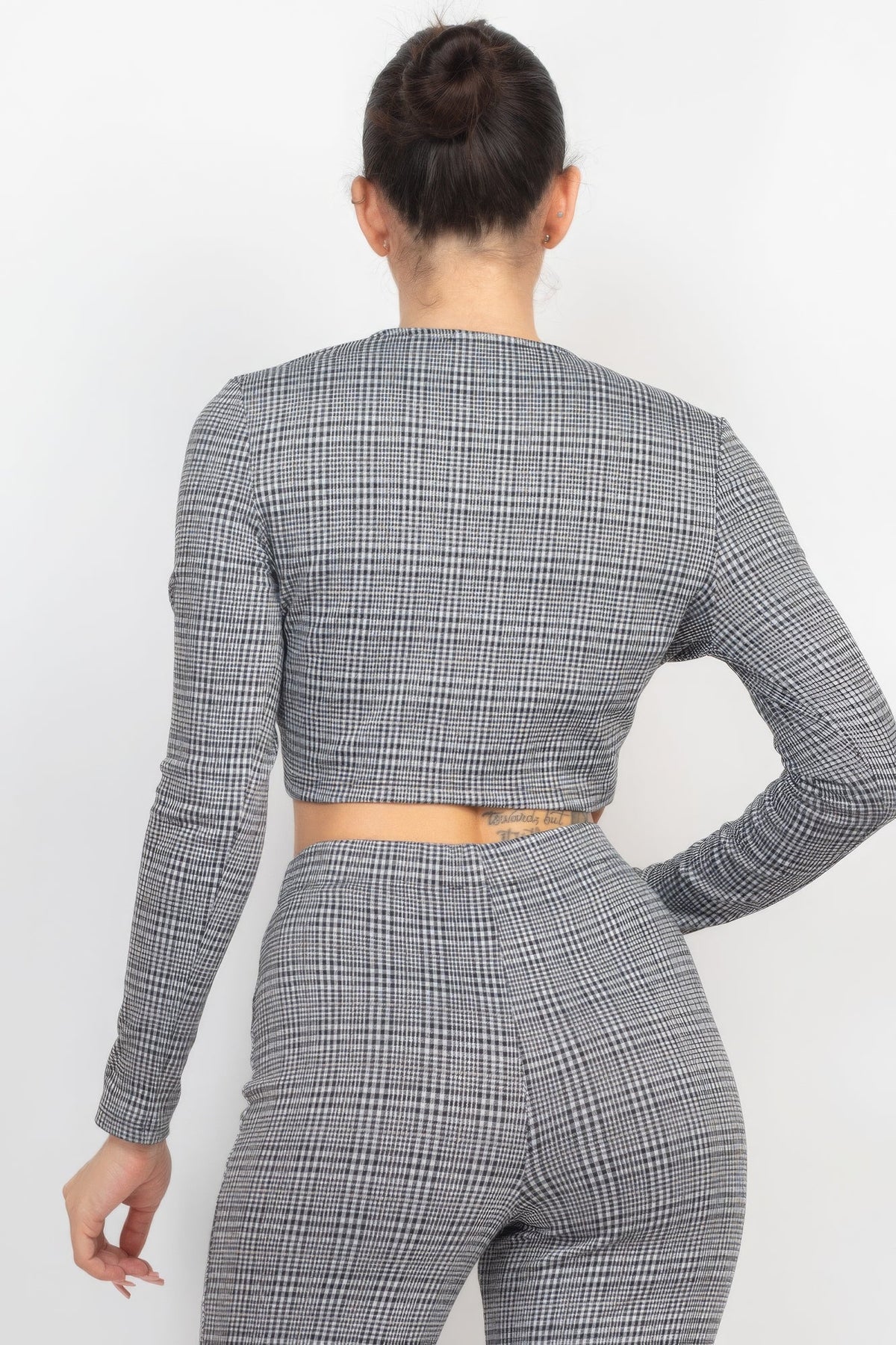 Plaid Cut-out Long Sleeve Top &amp; Pants Set