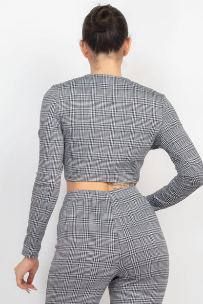 Plaid Cut-out Long Sleeve Top &amp; Pants Set