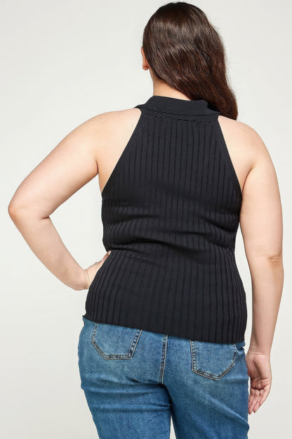 Solid Ribbed Knit Polo Sleeveless Top