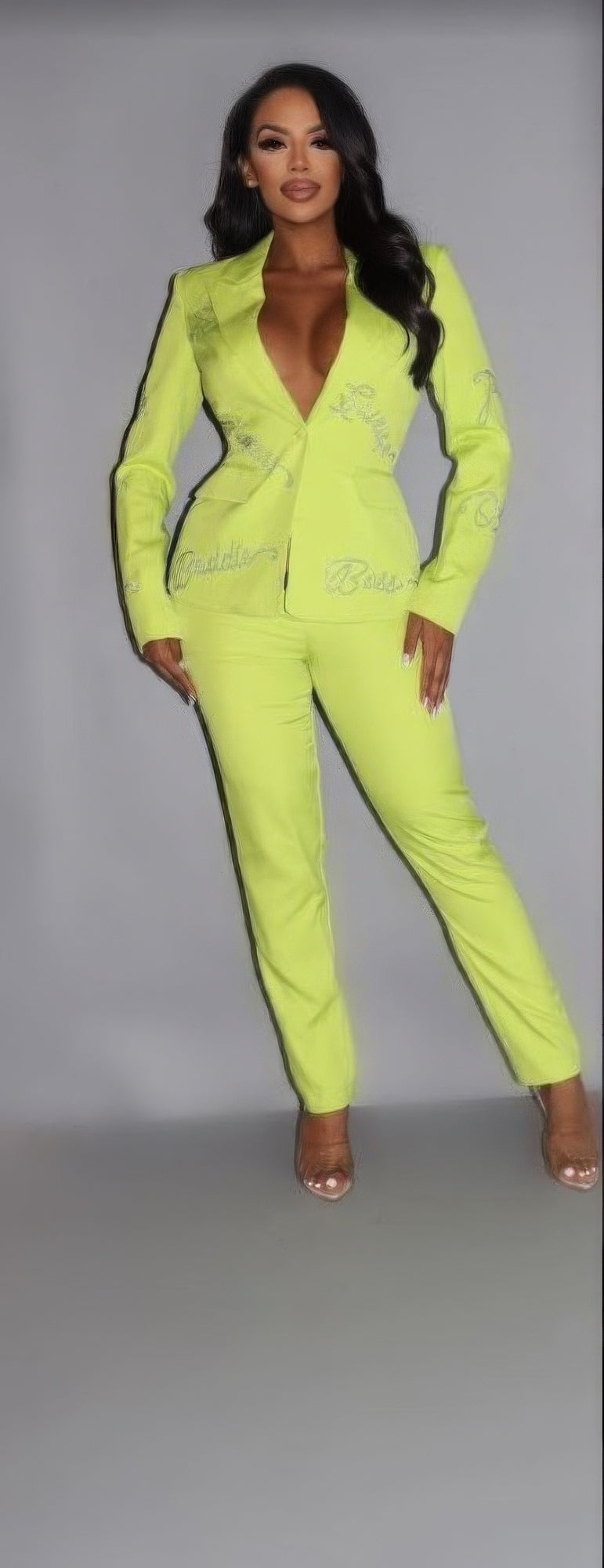 2 Piece Powersuit Blazer &amp; Pants Set With Rhinestone Letterings On Blazer