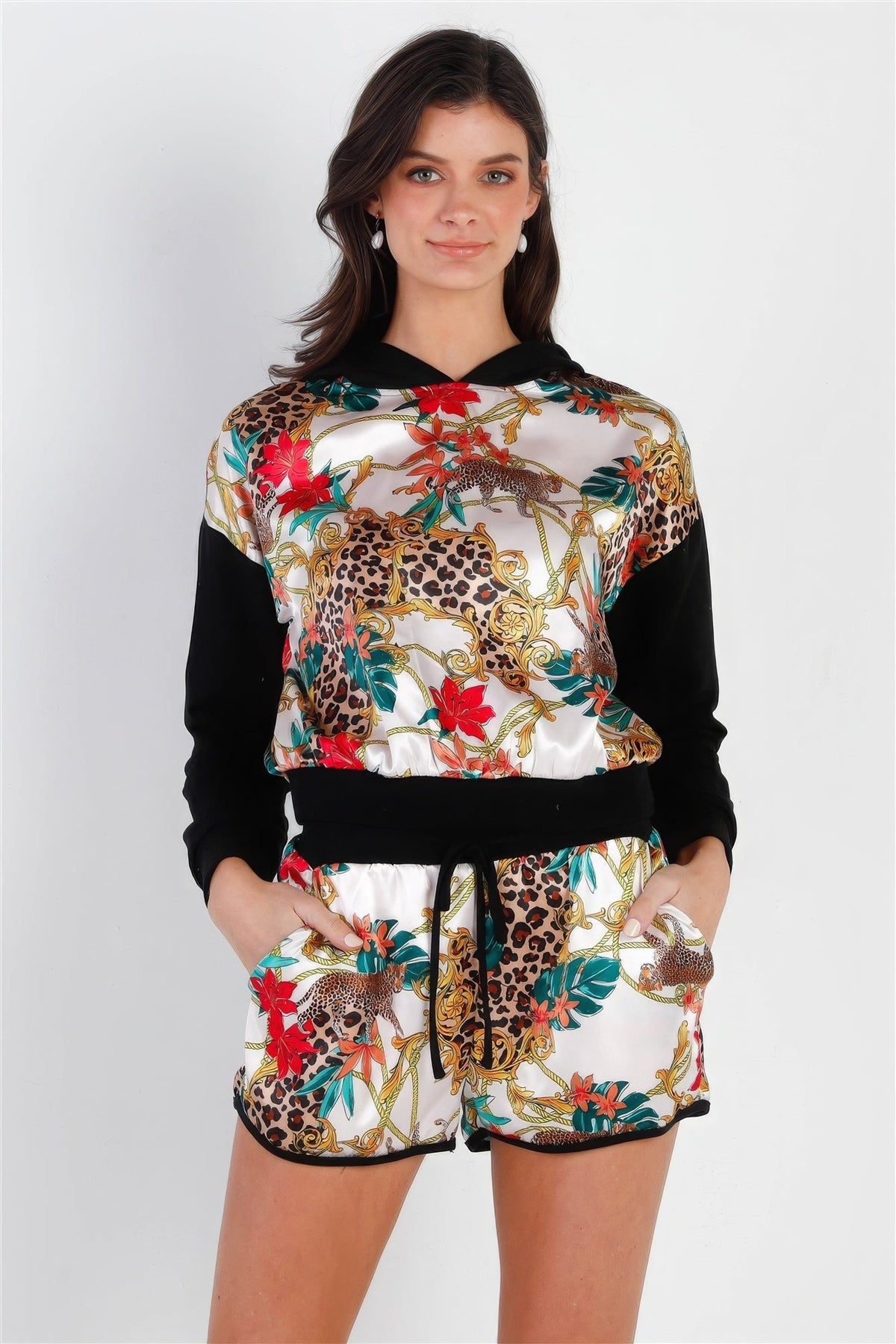 Black &amp; Ivory Satin Effect Animal Print Hooded Top &amp; Short Set