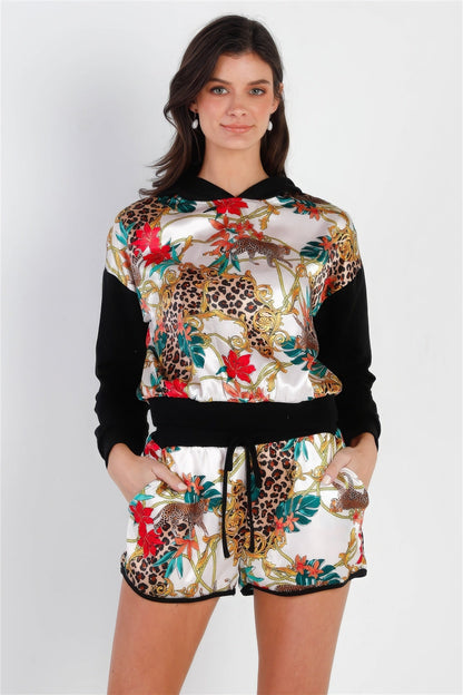 Black &amp; Ivory Satin Effect Animal Print Hooded Top &amp; Short Set
