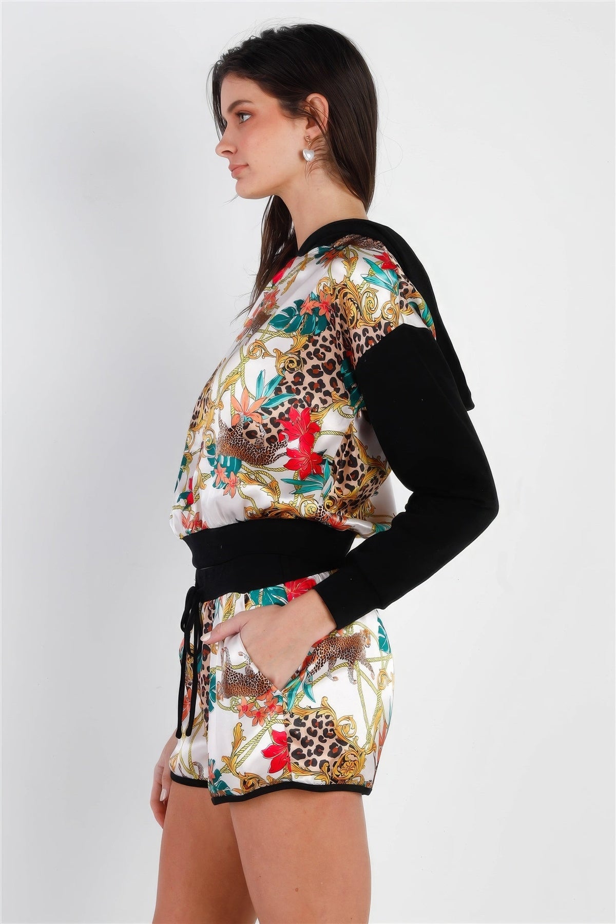 Black &amp; Ivory Satin Effect Animal Print Hooded Top &amp; Short Set