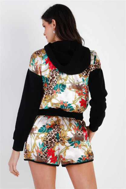 Black &amp; Ivory Satin Effect Animal Print Hooded Top &amp; Short Set