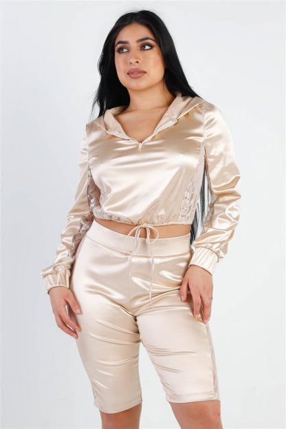Satin Lace Details Long Sleeve Hooded Crop Top &amp; Biker Short Set