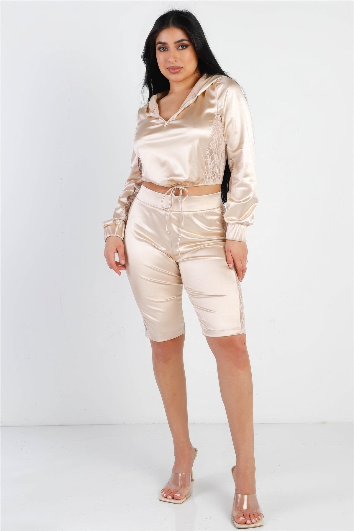 Satin Lace Details Long Sleeve Hooded Crop Top &amp; Biker Short Set