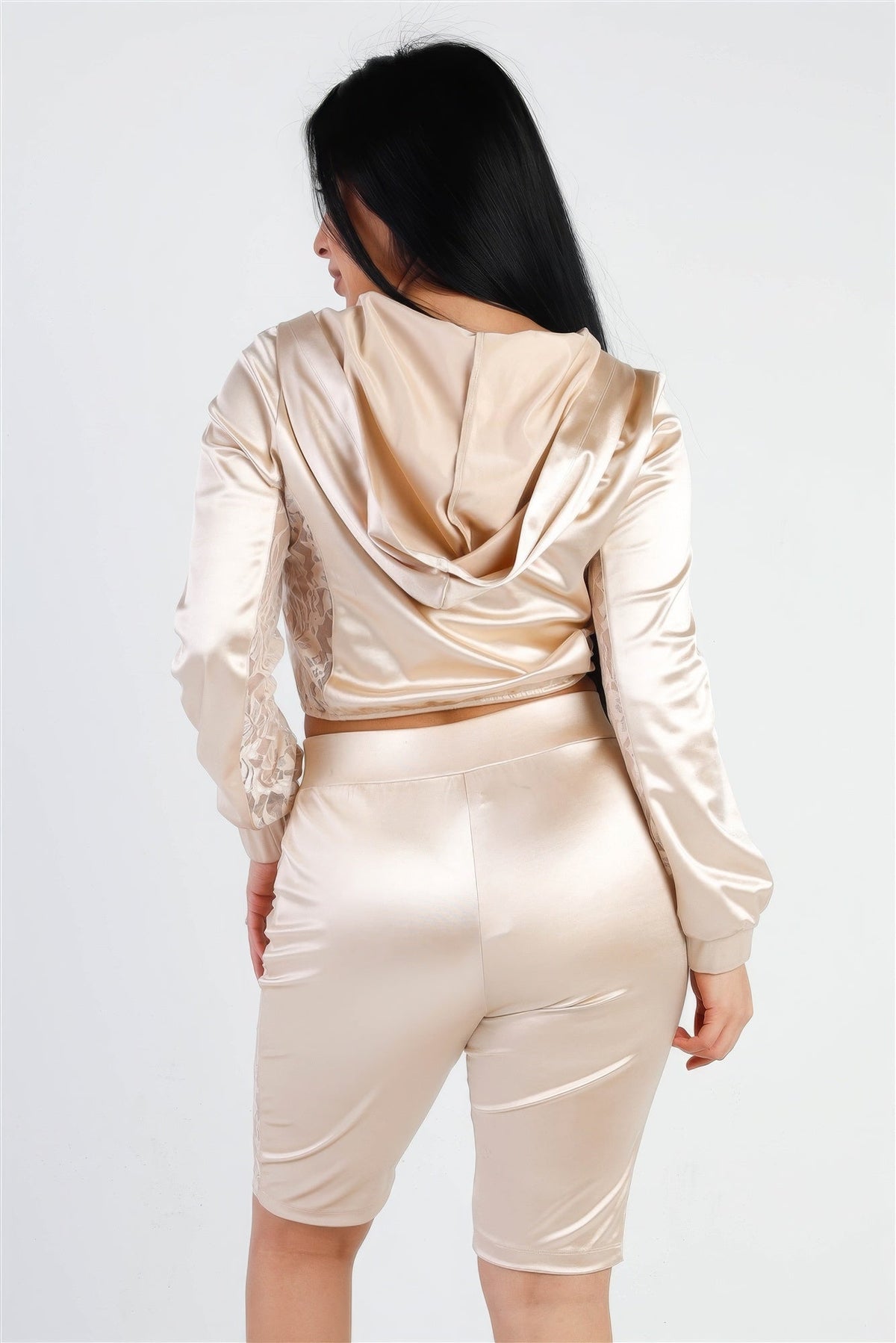 Satin Lace Details Long Sleeve Hooded Crop Top &amp; Biker Short Set