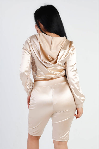 Satin Lace Details Long Sleeve Hooded Crop Top &amp; Biker Short Set