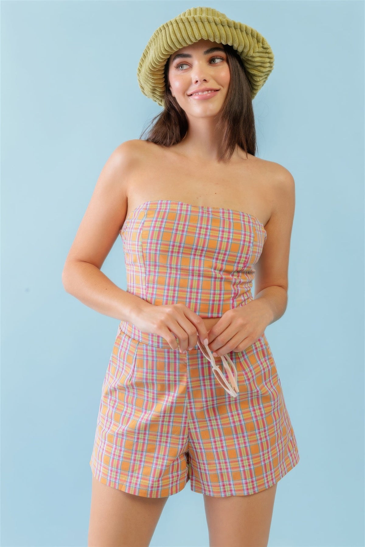 Orange &amp; Aqua Plaid Print Cotton Strapless Crop Top &amp; High Waist Two Pocket Shorts Set