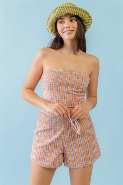 Orange &amp; Aqua Plaid Print Cotton Strapless Crop Top &amp; High Waist Two Pocket Shorts Set