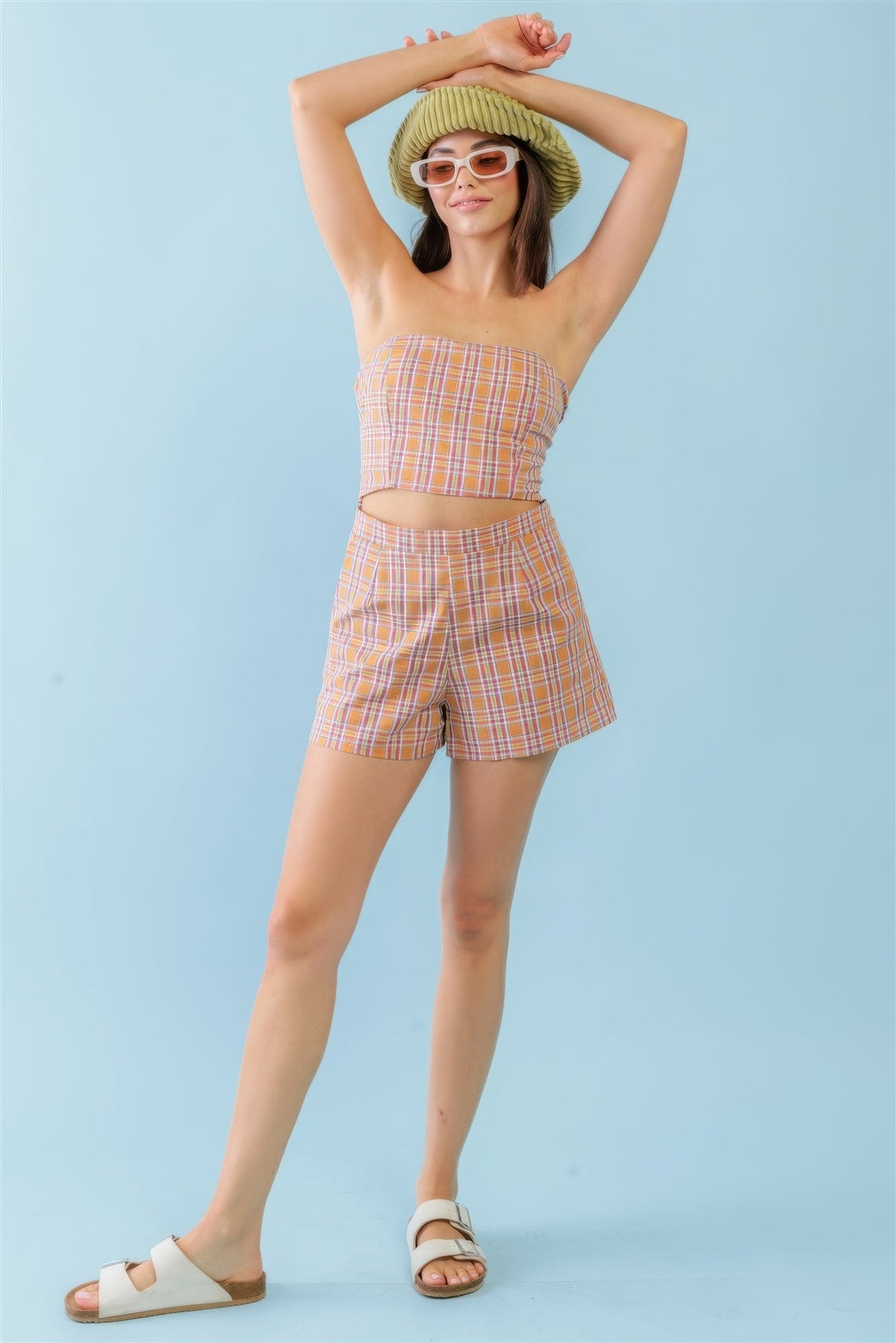 Orange &amp; Aqua Plaid Print Cotton Strapless Crop Top &amp; High Waist Two Pocket Shorts Set