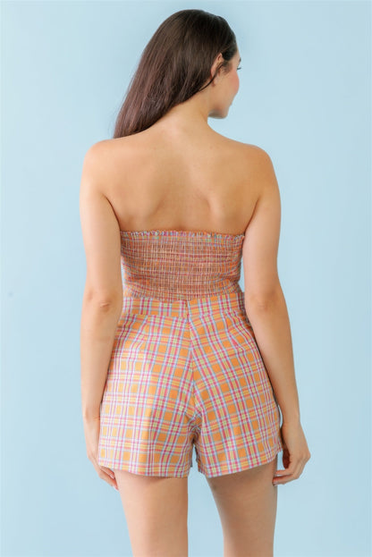 Orange &amp; Aqua Plaid Print Cotton Strapless Crop Top &amp; High Waist Two Pocket Shorts Set