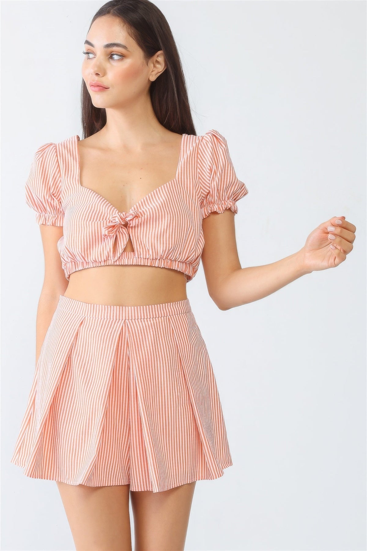 White &amp; Orange Stripe Print Self-tie Short Sleeve Crop Top &amp; High Waist Shorts Set