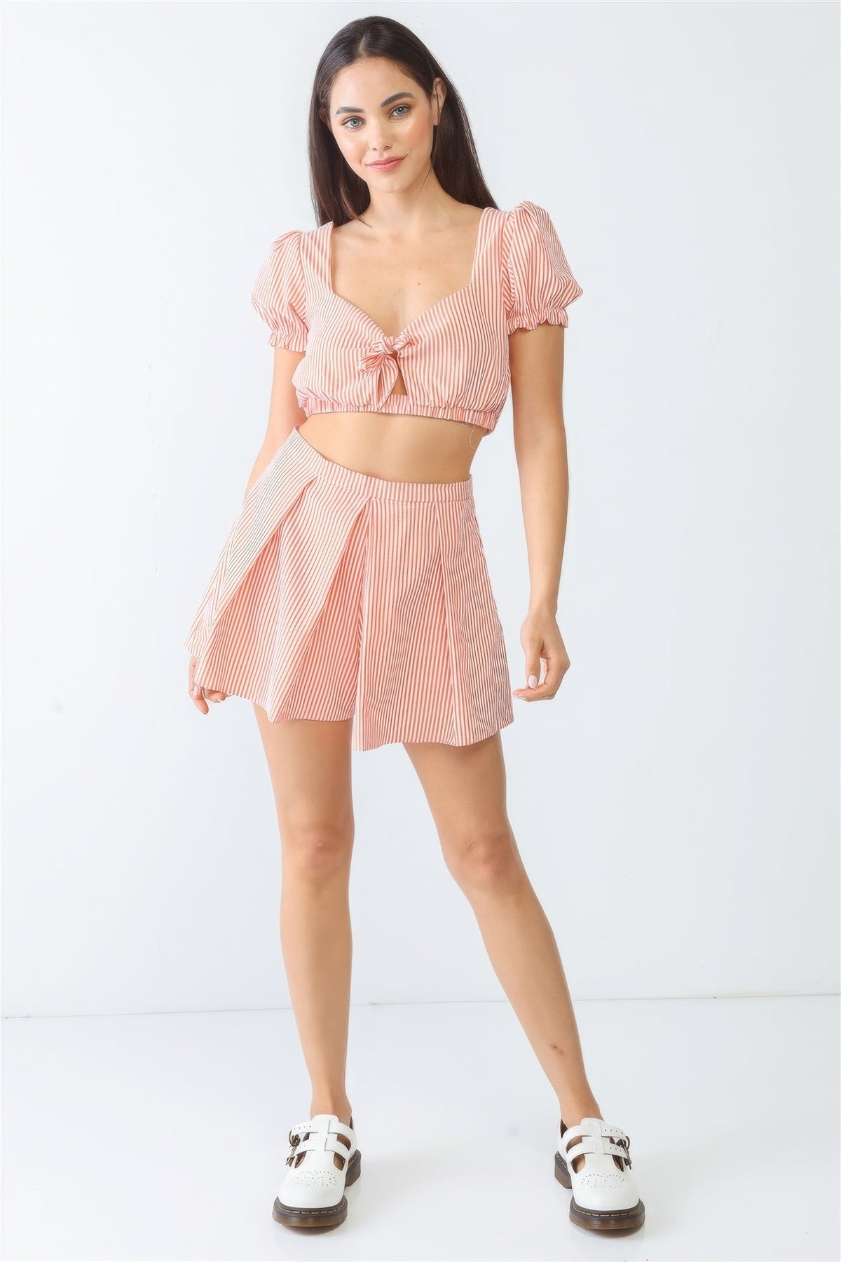 White &amp; Orange Stripe Print Self-tie Short Sleeve Crop Top &amp; High Waist Shorts Set