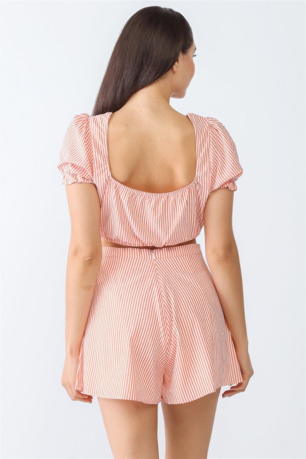 White &amp; Orange Stripe Print Self-tie Short Sleeve Crop Top &amp; High Waist Shorts Set
