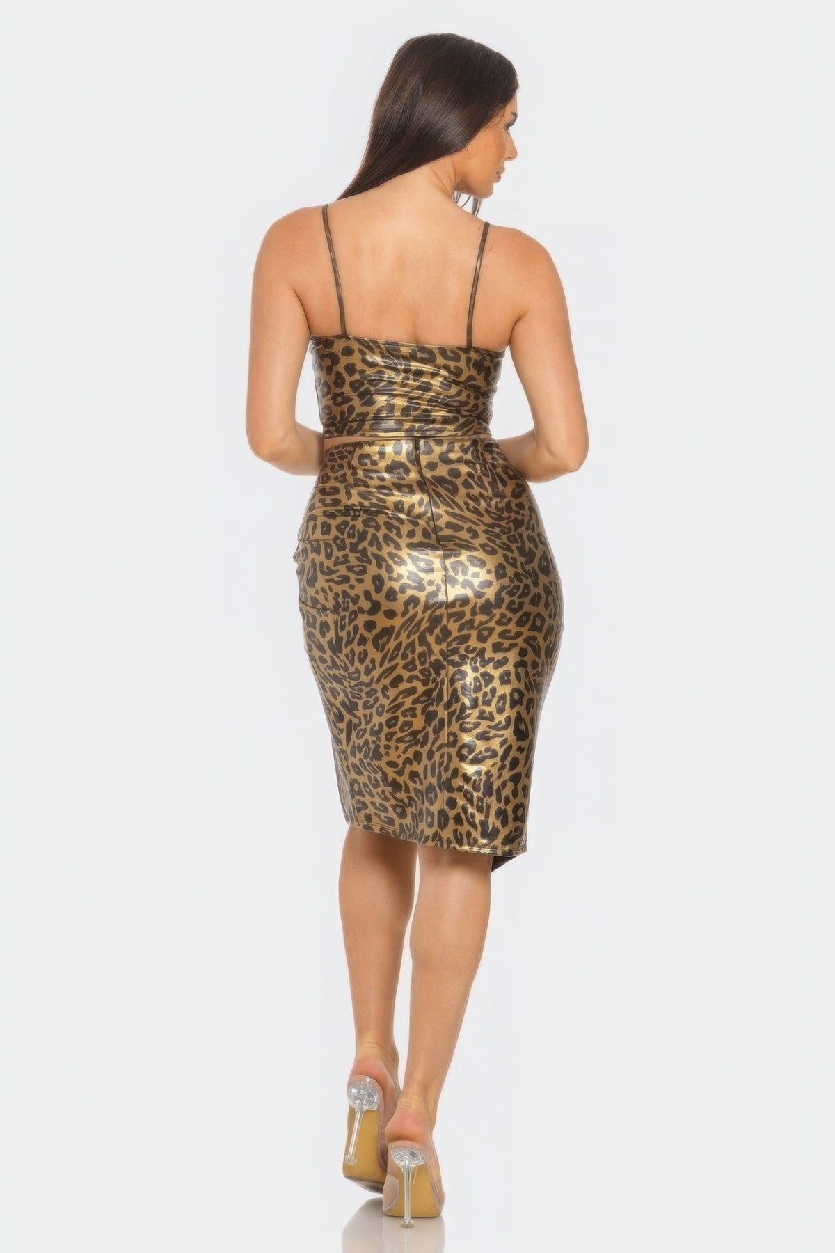 Pu Cheetah Print Top &amp; Front Wrap Slit Skirt Set