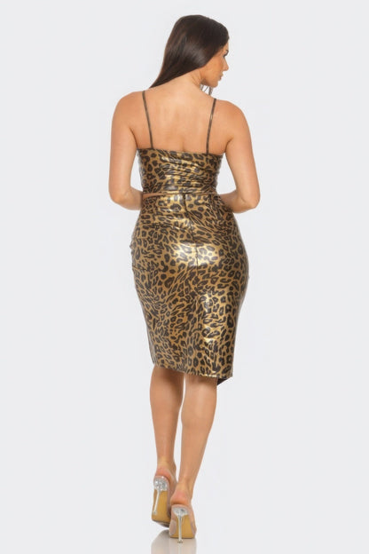 Pu Cheetah Print Top &amp; Front Wrap Slit Skirt Set