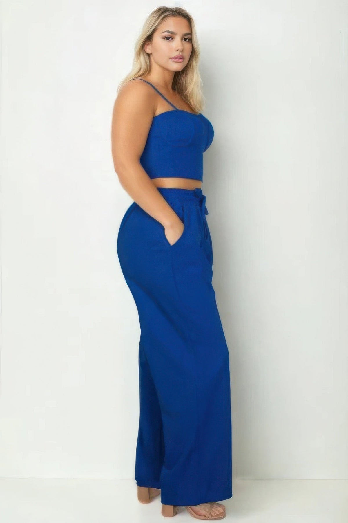 Plus Bustier Crop Cami Top &amp; Slant Pocket Straight Pants