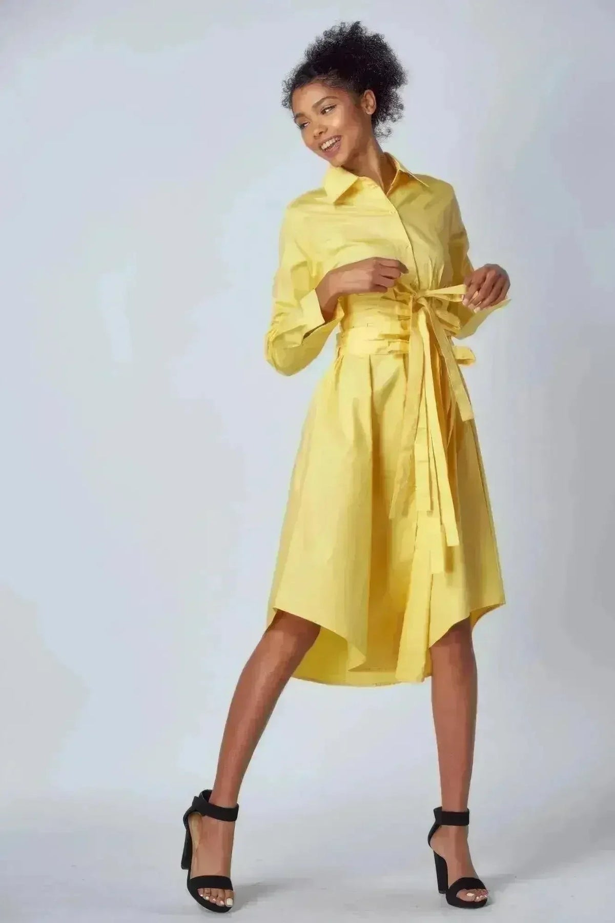 Yellow Shirt Dress with Tie-Up Belt – Versatile &amp; Chic
