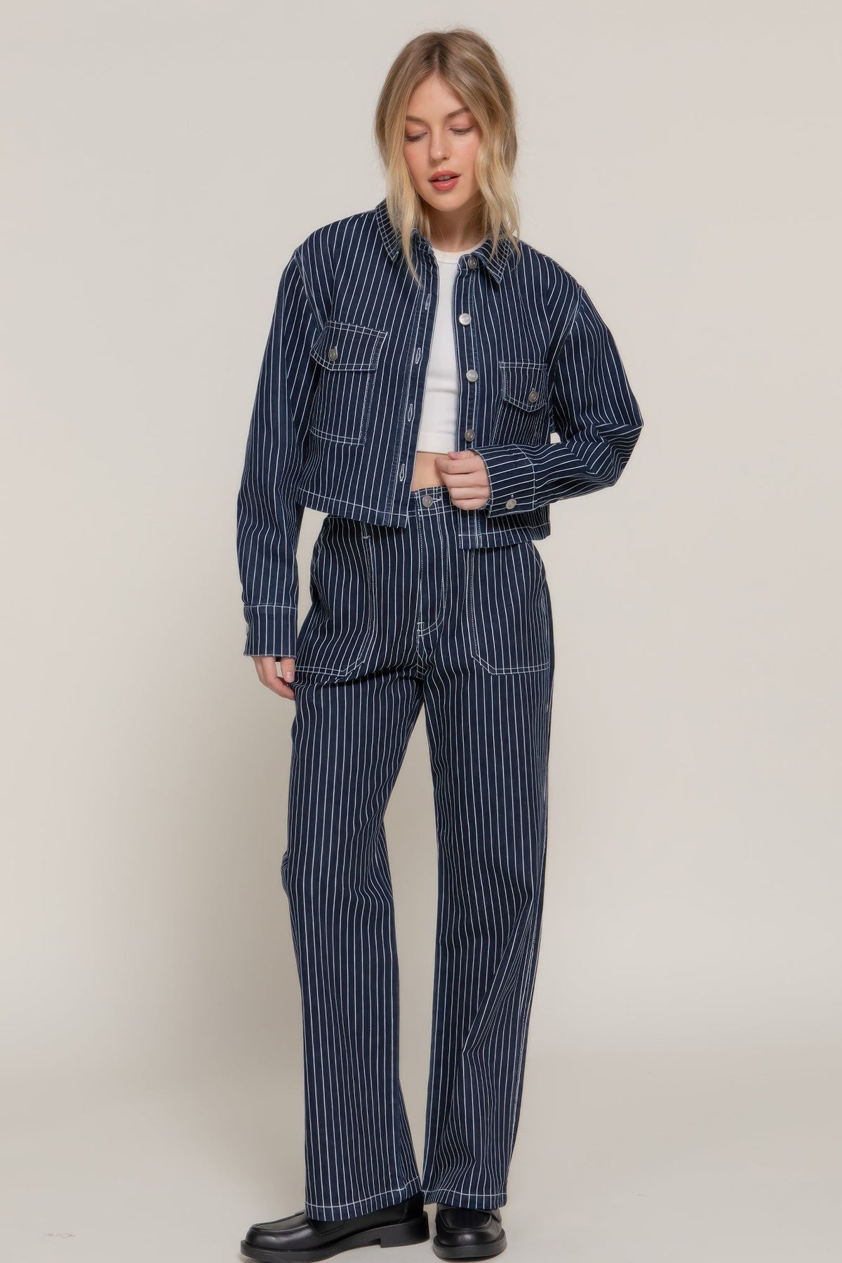 Button Down Stripe Denim Short Jacket