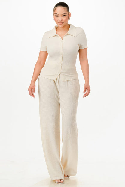 Textured Polo Top And Pants Set