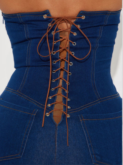 Strapless Denim Jumpsuit With Lace Up Back