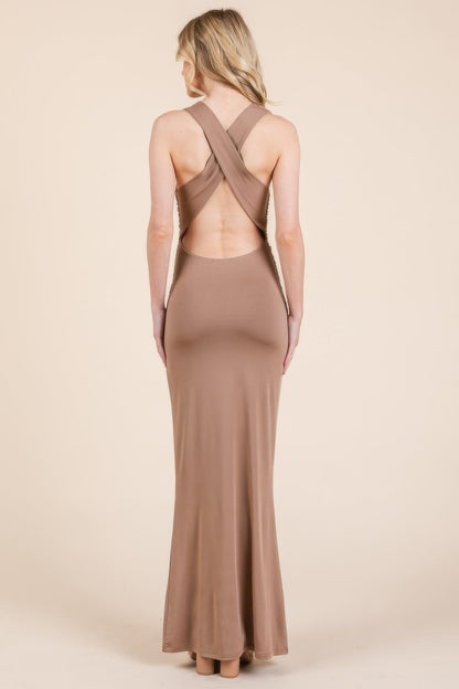 Cowl Neck Cross Back Shirring Maxi Dress