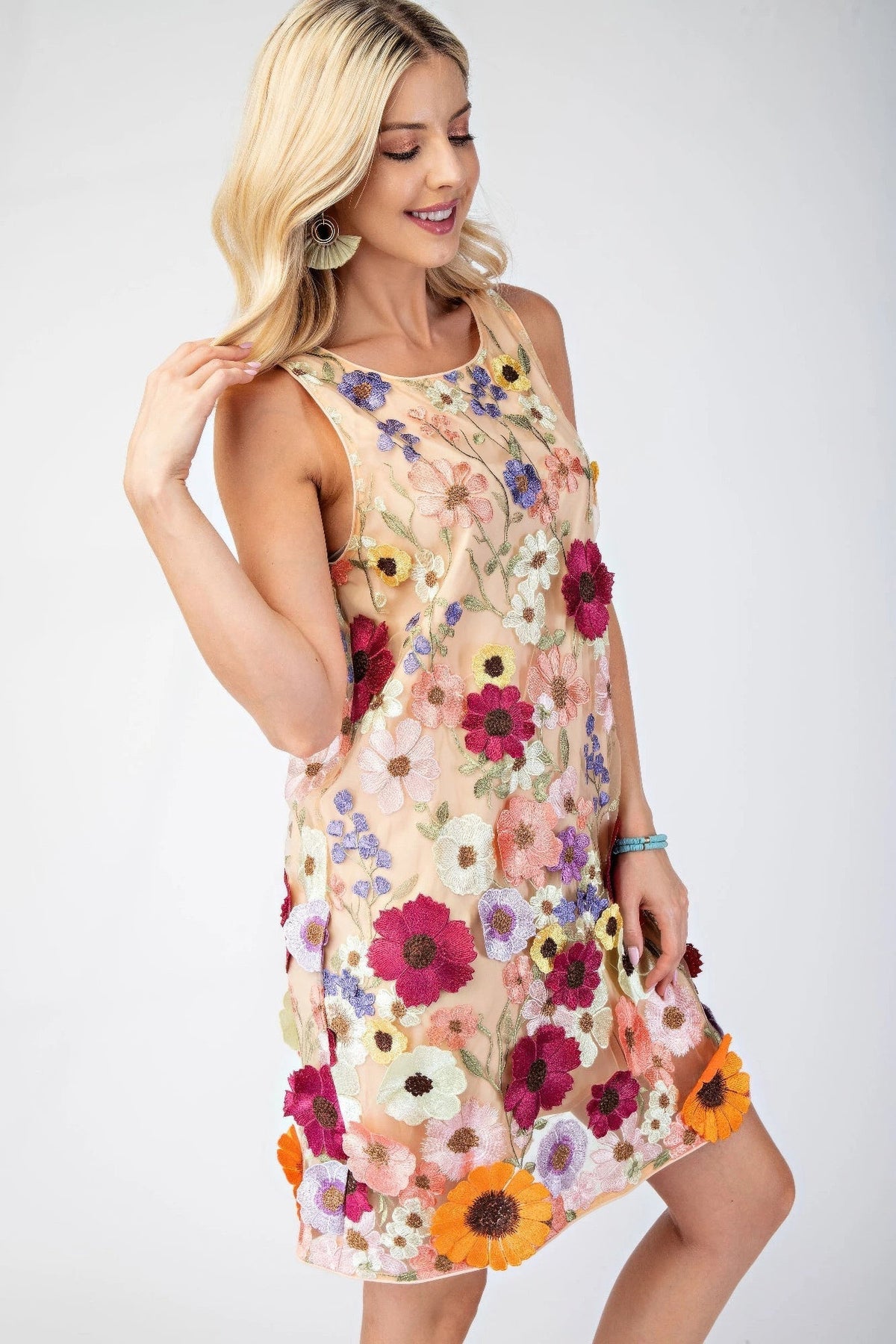 3d Floral Embroidered Sleeveless Mini Dress