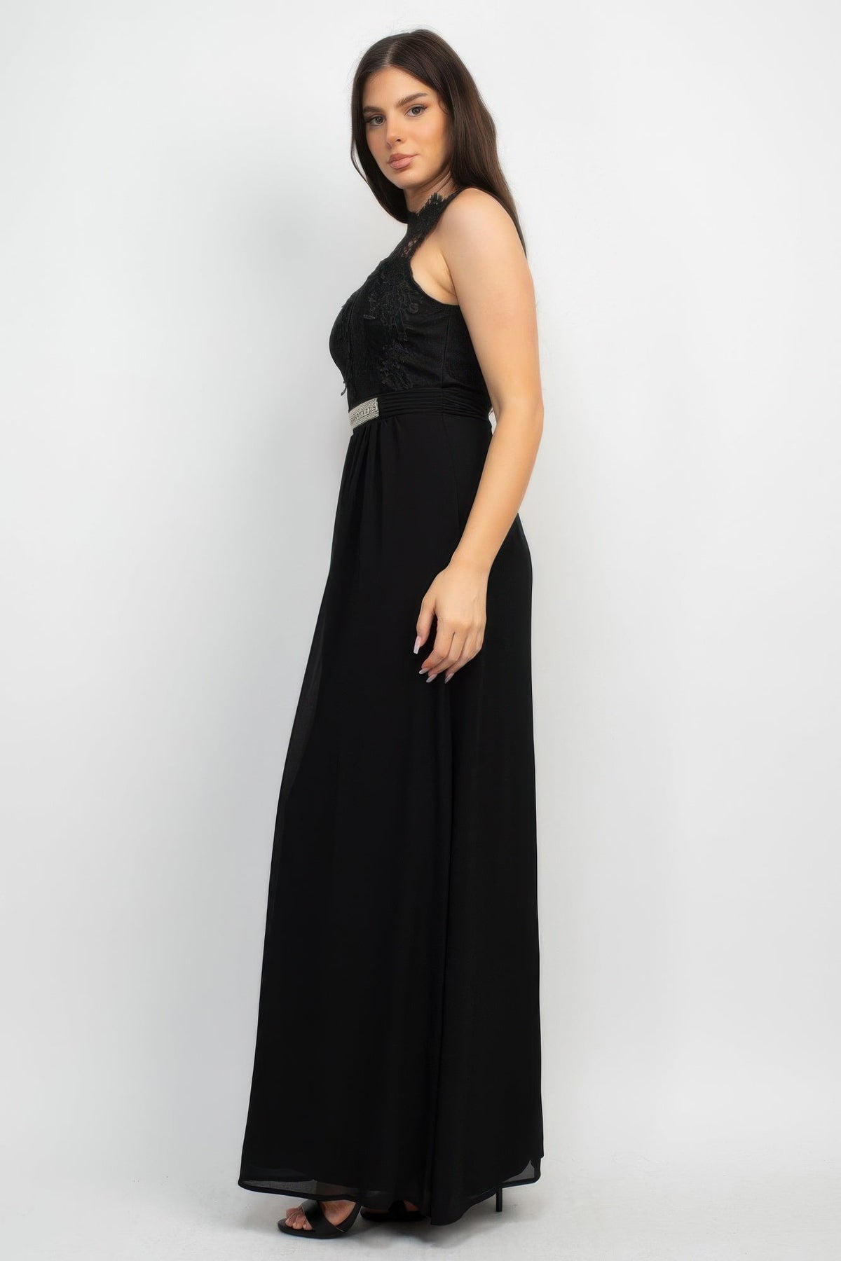 Jewel Waist-tie Lace Maxi Dress