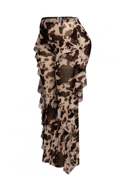 Side Ruffle Detailed Printed Mesh Pants