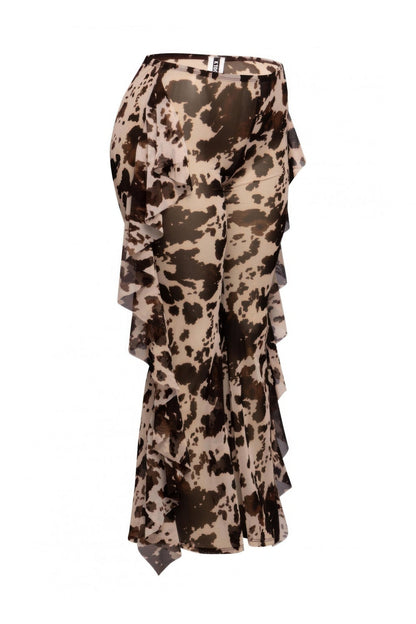 Side Ruffle Detailed Printed Mesh Pants