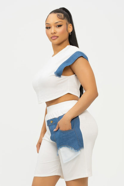 Color Block Denim Sleeve Top And Biker Shorts Set