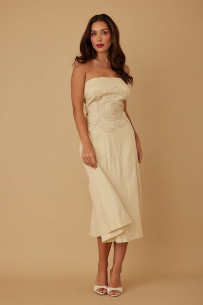 Flower Lining Linen Pattern Strapless Dress