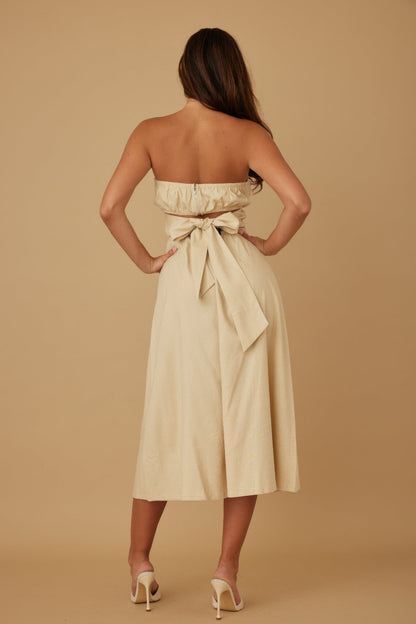 Flower Lining Linen Pattern Strapless Dress
