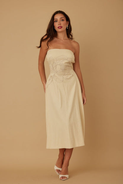 Flower Lining Linen Pattern Strapless Dress