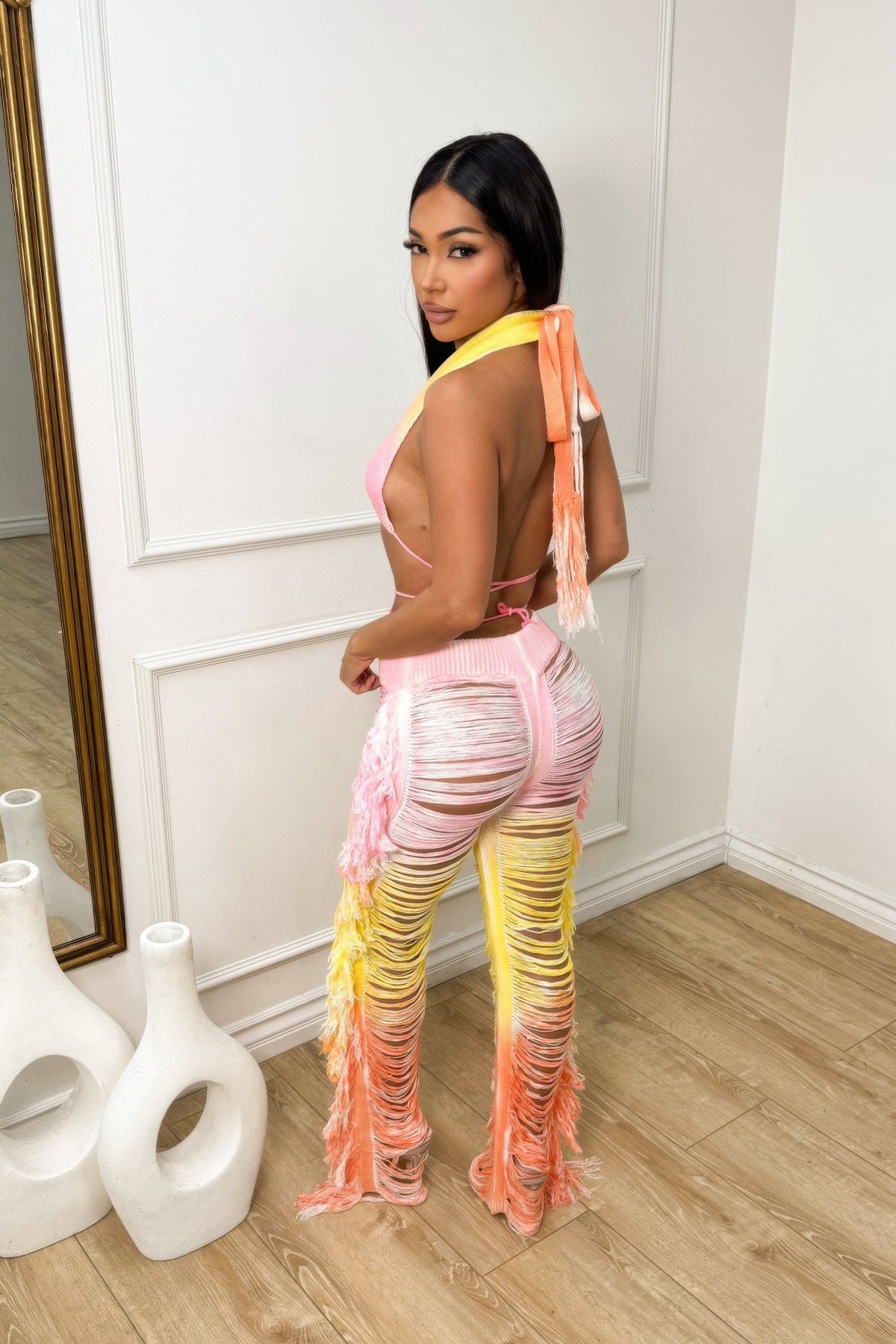Ombre Fringe Destroyed Pants Set