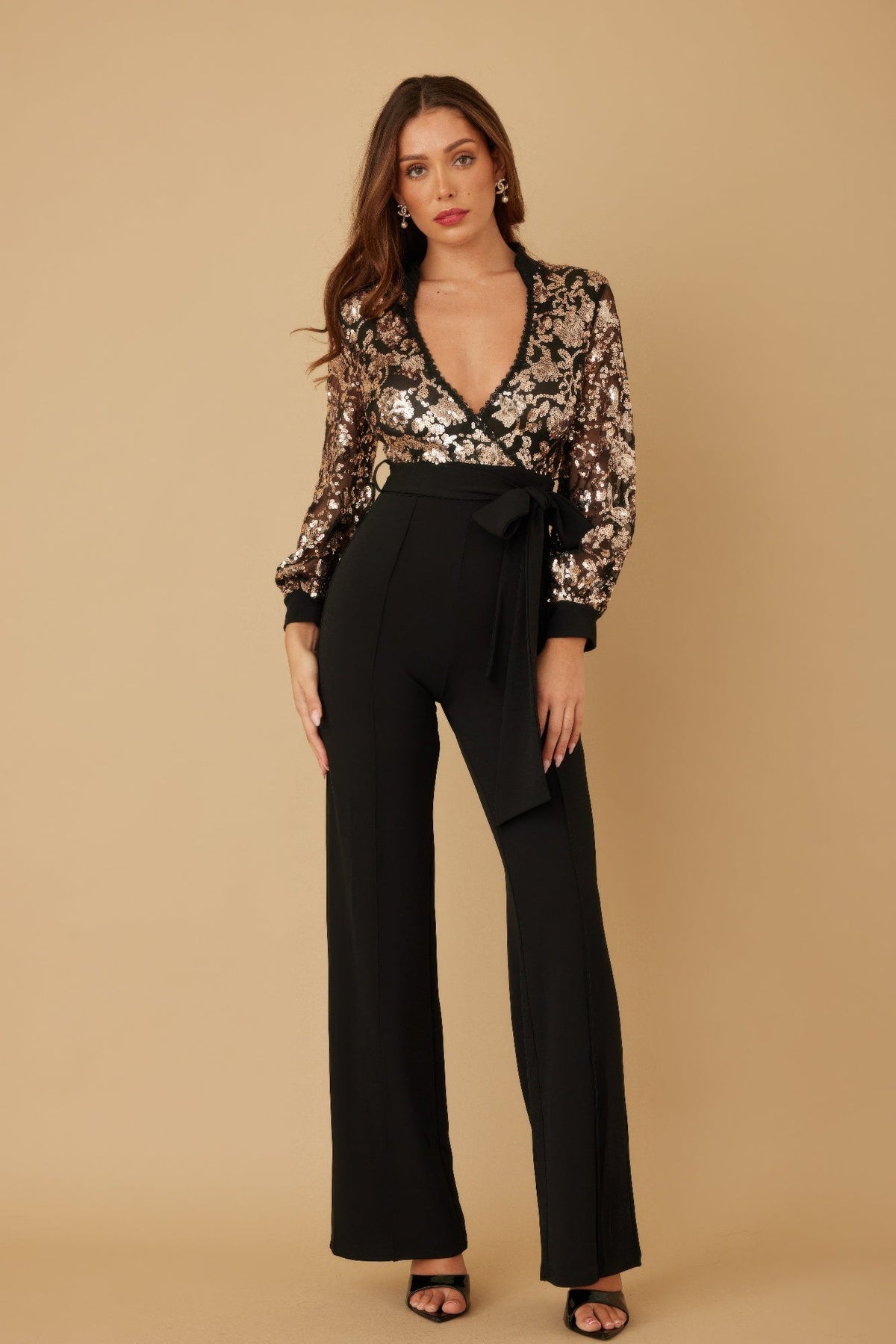 Flower Vein Sequin Print Jumpsuit