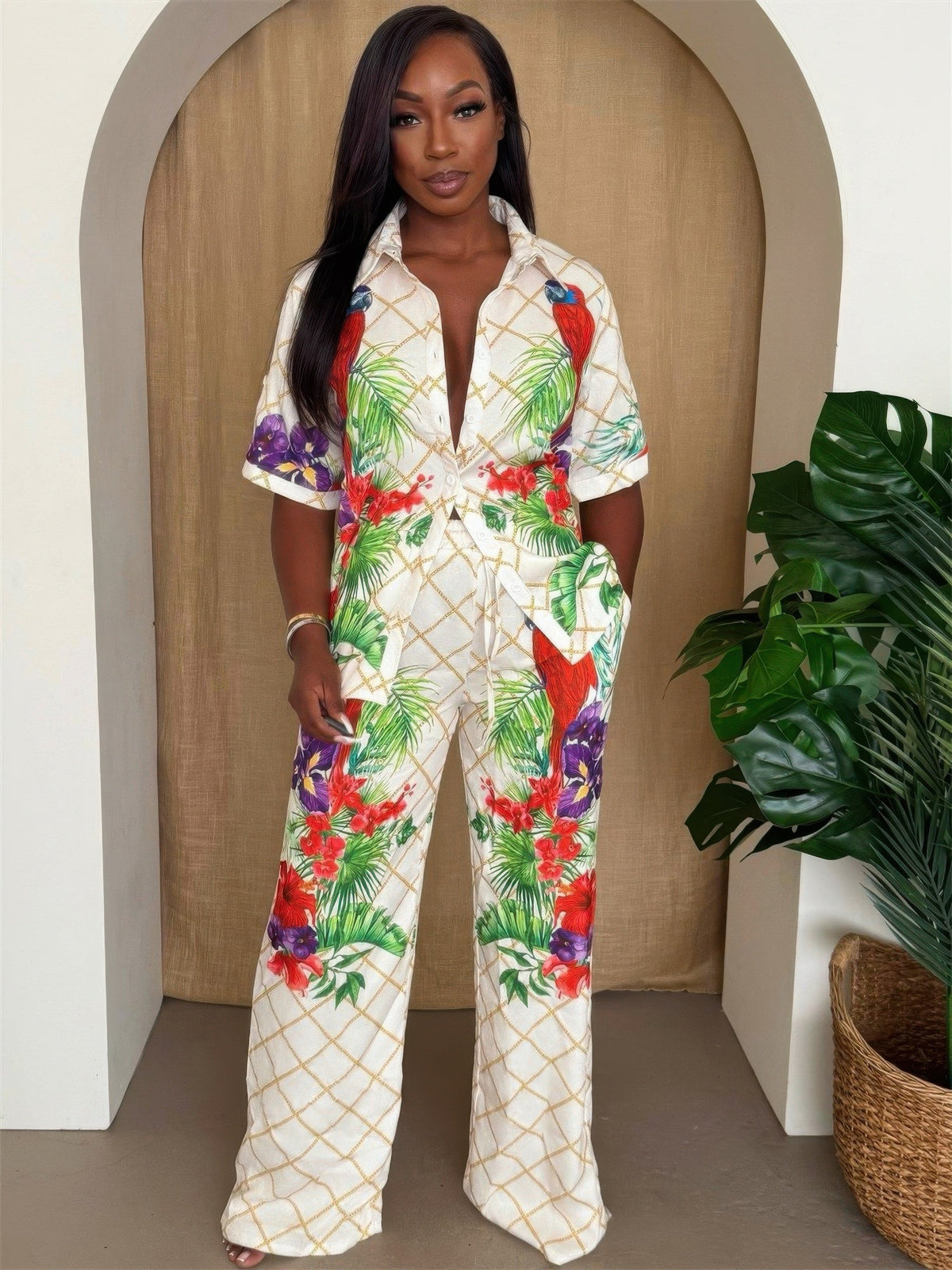 Tropical Parrot Print Shirt &amp; Pant Set