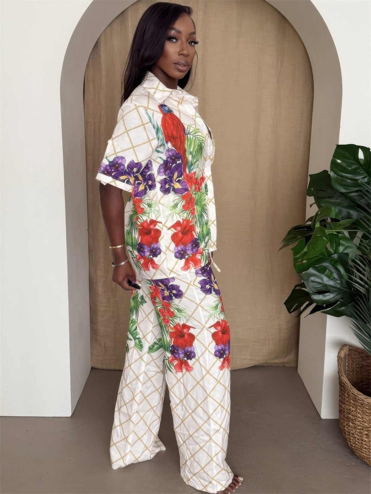 Tropical Parrot Print Shirt &amp; Pant Set