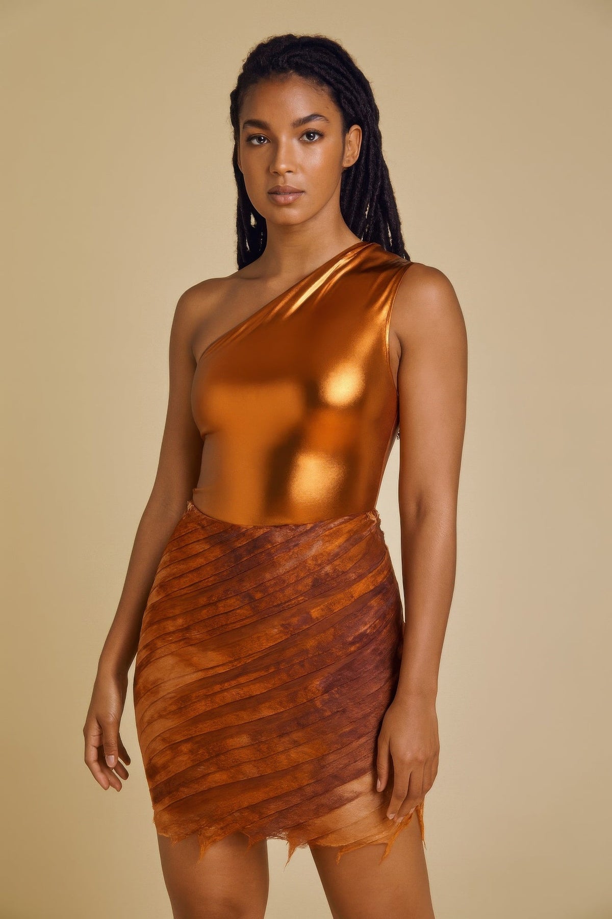 Metallic One Shoulder Bodysuit &amp; Mini Skirt Set