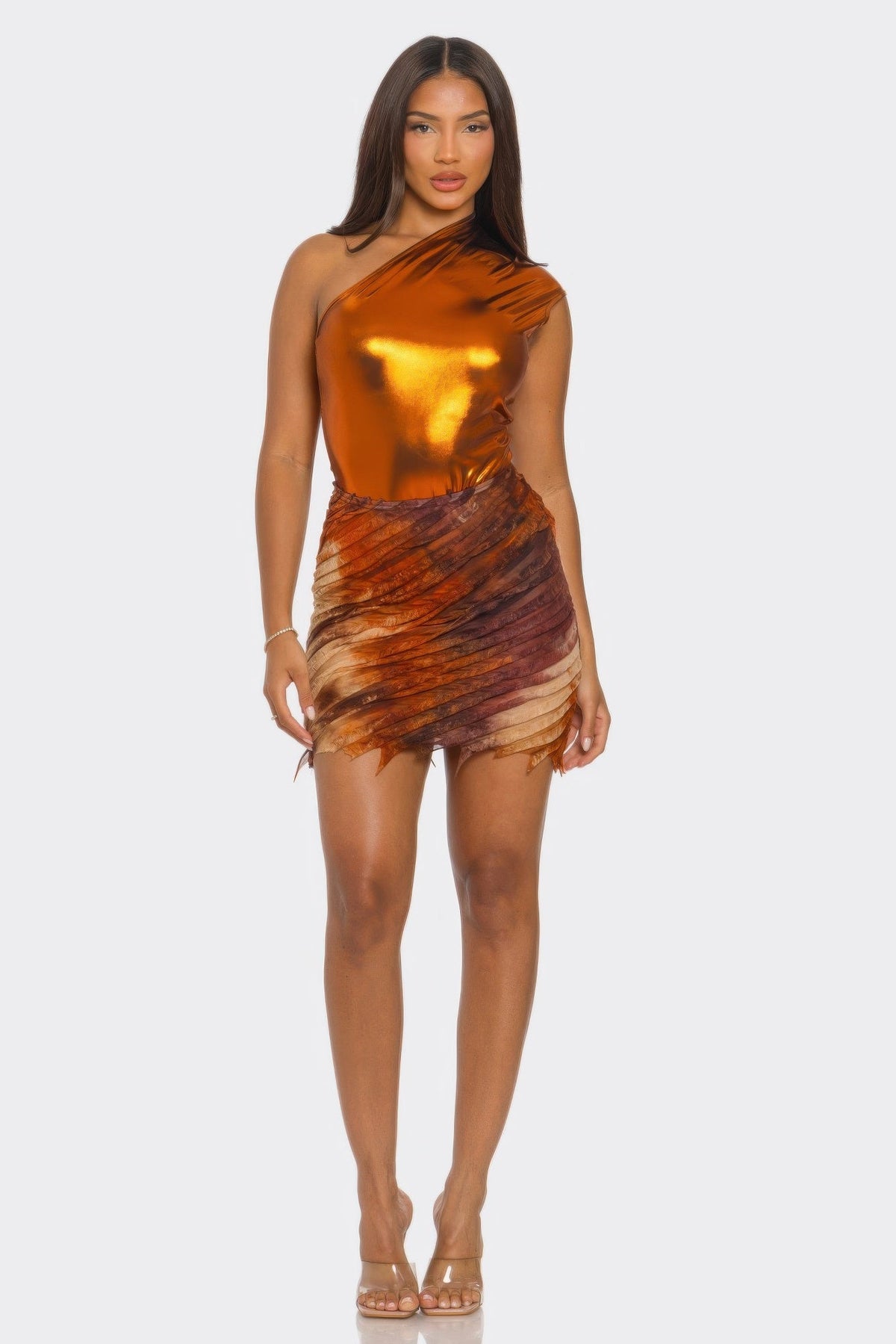 Metallic One Shoulder Bodysuit &amp; Mini Skirt Set