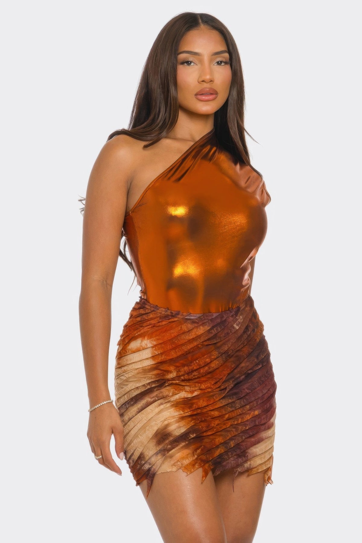 Metallic One Shoulder Bodysuit &amp; Mini Skirt Set