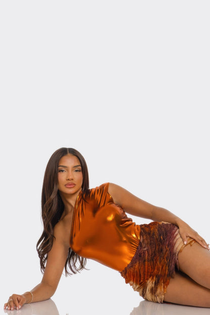 Metallic One Shoulder Bodysuit &amp; Mini Skirt Set