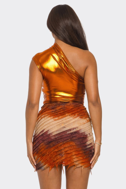 Metallic One Shoulder Bodysuit &amp; Mini Skirt Set