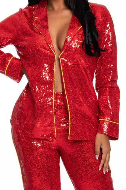 Sequin Collared Two Piece Set