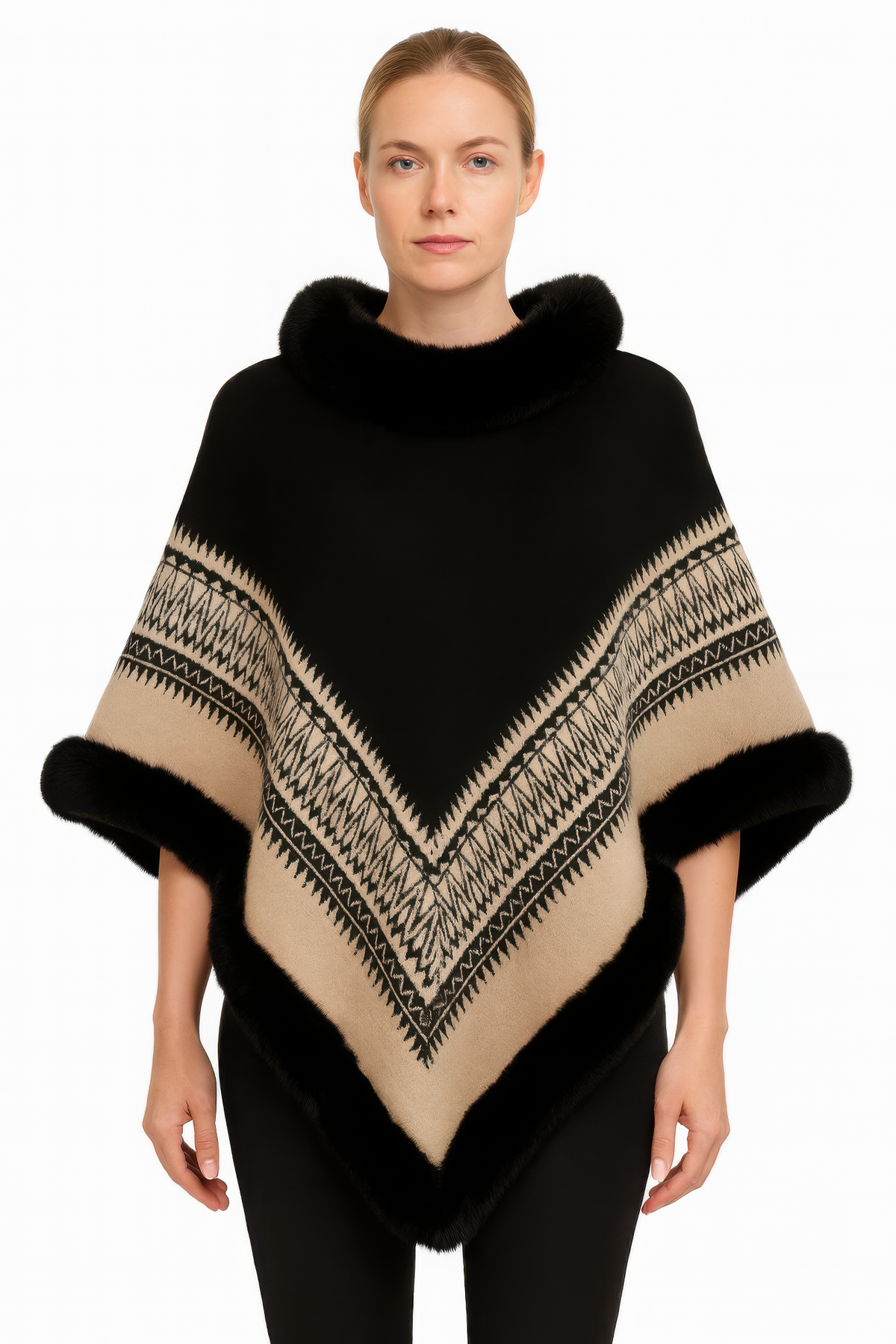 Chevron Trim Poncho With Faux Fur Collar