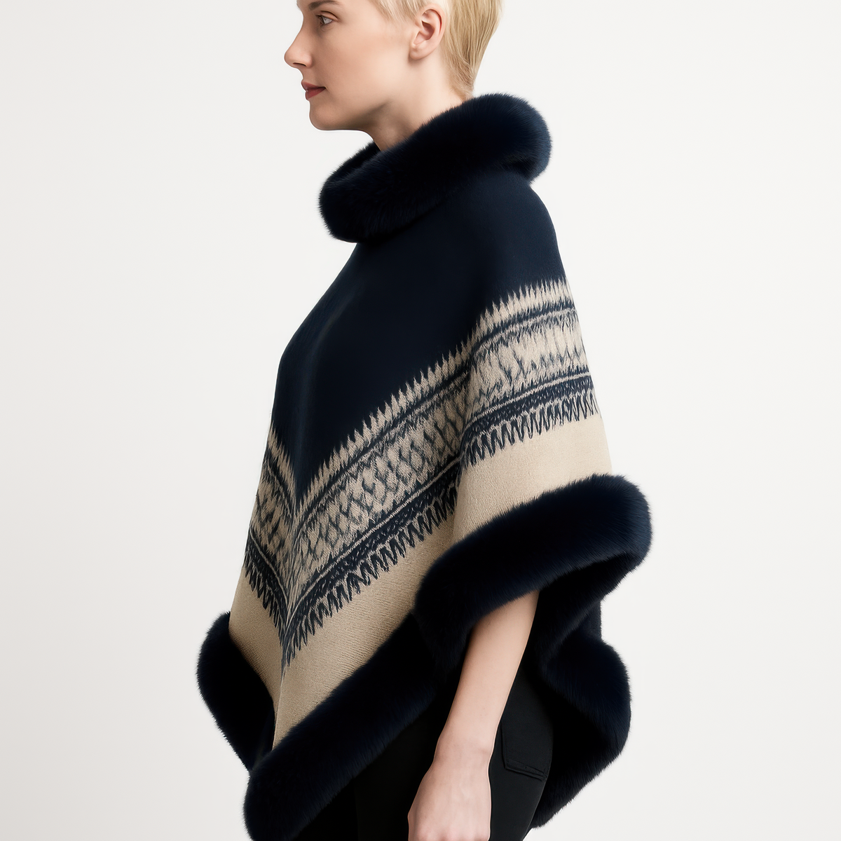 Chevron Trim Poncho With Faux Fur Collar