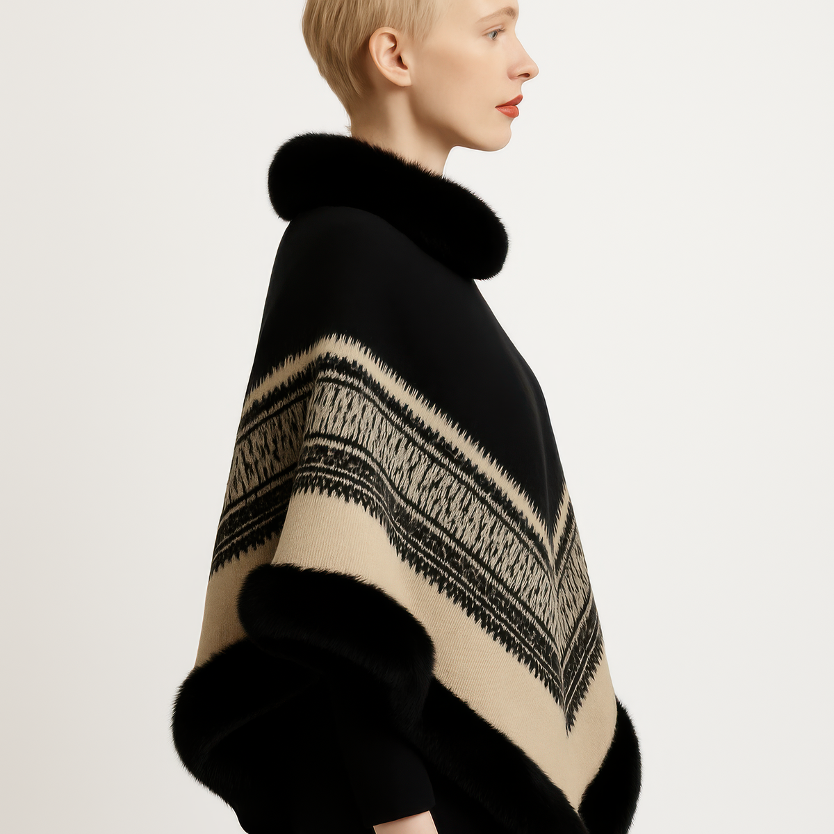 Chevron Trim Poncho With Faux Fur Collar
